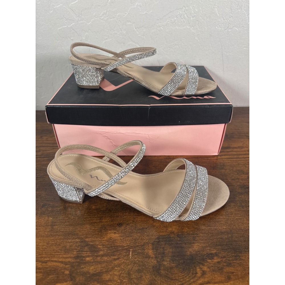 Nina Giannis-FY Alamo Tan Rhinestone Block Heel Slingback Sandals Womens 6M